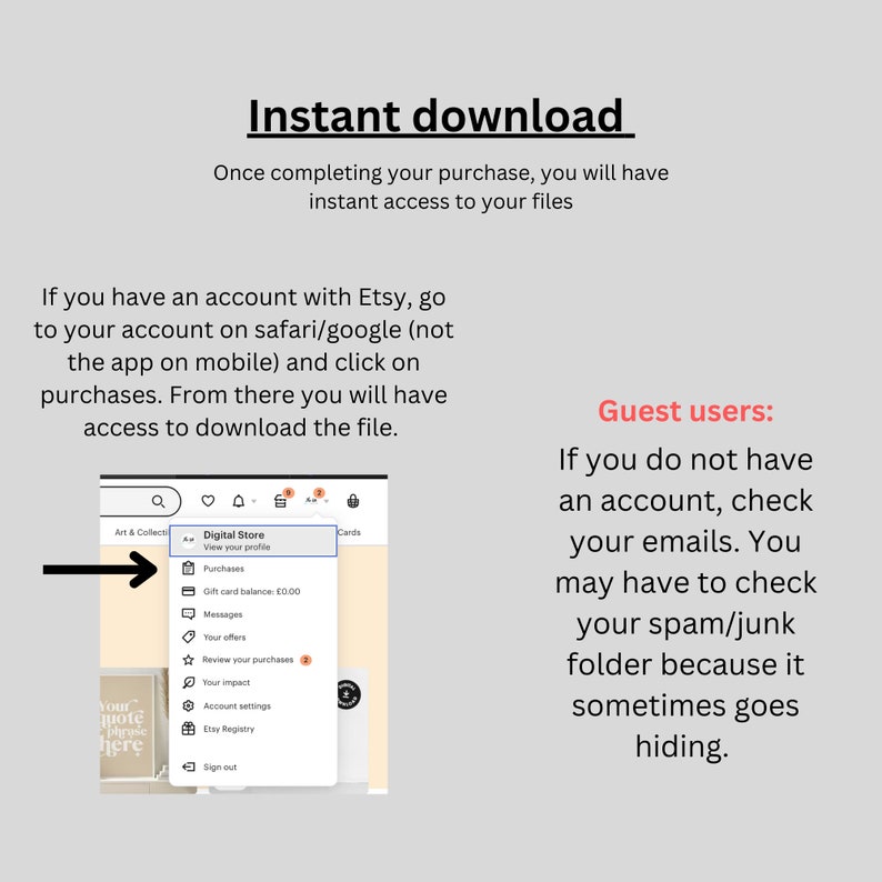 Puede incluir: Una captura de pantalla de una computadora que muestra una tienda digital con un men&uacute; que incluye opciones para ver un perfil, compras, mensajes, ofertas, revisar compras, configuraci&oacute;n de la cuenta y Etsy Registry. El texto "Usuarios invitados:" se muestra en el lado derecho de la pantalla con el siguiente texto debajo: "Si no tienes una cuenta, revisa tus correos electr&oacute;nicos. Es posible que tengas que revisar tu carpeta de spam/correo no deseado porque a veces se oculta."