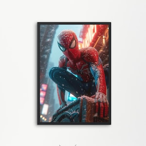 Può includere: Una figura di Spiderman rossa e blu in posizione accovacciata con la neve che cade intorno a lui. Indossa una tuta rossa e blu con un logo di ragno sul petto. Tiene un dispositivo in mano.