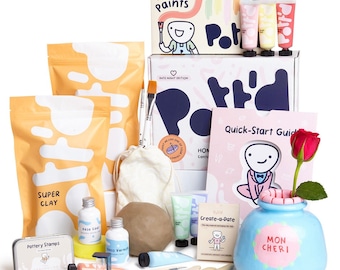 Pott'd Date Night Home Pottery Kit for Adults. Includes: Air-Dry Clay, Tools, Paints, Sealant, Guide, Create-a-Date Card Game, Clay Stamps