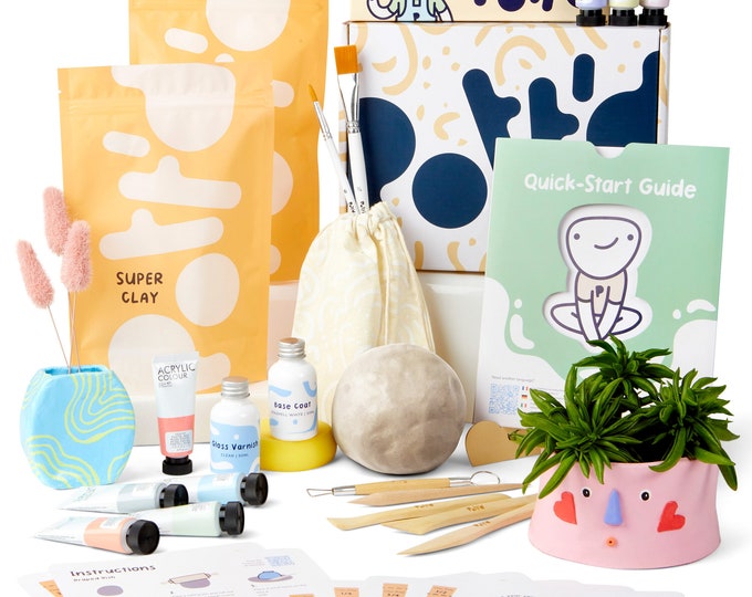 POTTREATIVE Töpferset Für Anfänger - Lufttrocknender Ton Mit Werkzeugen & Farben - Kein Brennen Nötig