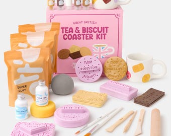 Pott’d Tea & Biscuit Coaster Pottery Kit | Craft Kit Includes Air Dry Clay, Biscuit Stamp Cutters, Paints, Tools and Video Guides