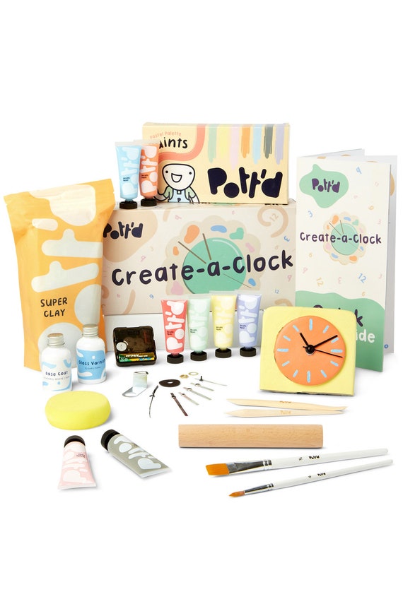 Pott'd Create-a-Clock Kit for Adults Beginners - Make Your own DIY Wall & Desk Clock with Air-Dry Clay, Tools, Acrylic Paints