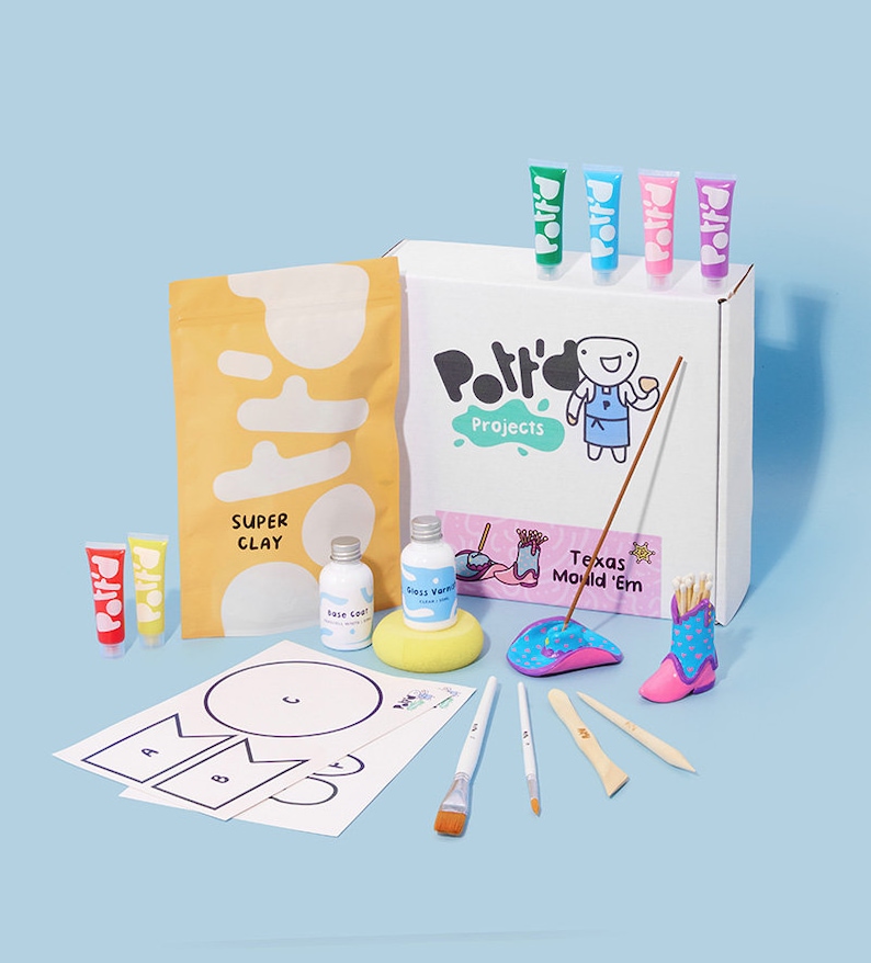 May include: A craft kit for making clay boots. The kit includes a bag of clay, paint, brushes, and a small boot mold. The box is labeled "Polft'd Projects" and "Texas Mould 'Em".