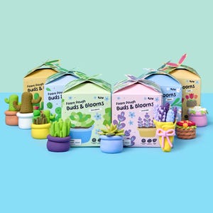 Könnte beinhalten: Eine Sammlung farbenfroher Knetsets mit verschiedenen Pflanzenthemen. Die Sets befinden sich in dekorativen Schachteln mit der Aufschrift "Foam Dough Buds & Blooms". Das Bild zeigt verschiedene modellierte Pflanzen wie Kakteen, Sukkulenten und Lavendel.