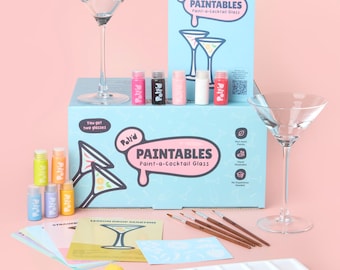 Pott’d Paintables Paint-a-Cocktail Glass Kit | Glass Painting Kit for Adults with Cocktail Glasses, Paints, Brushes, Stencils, and Guide