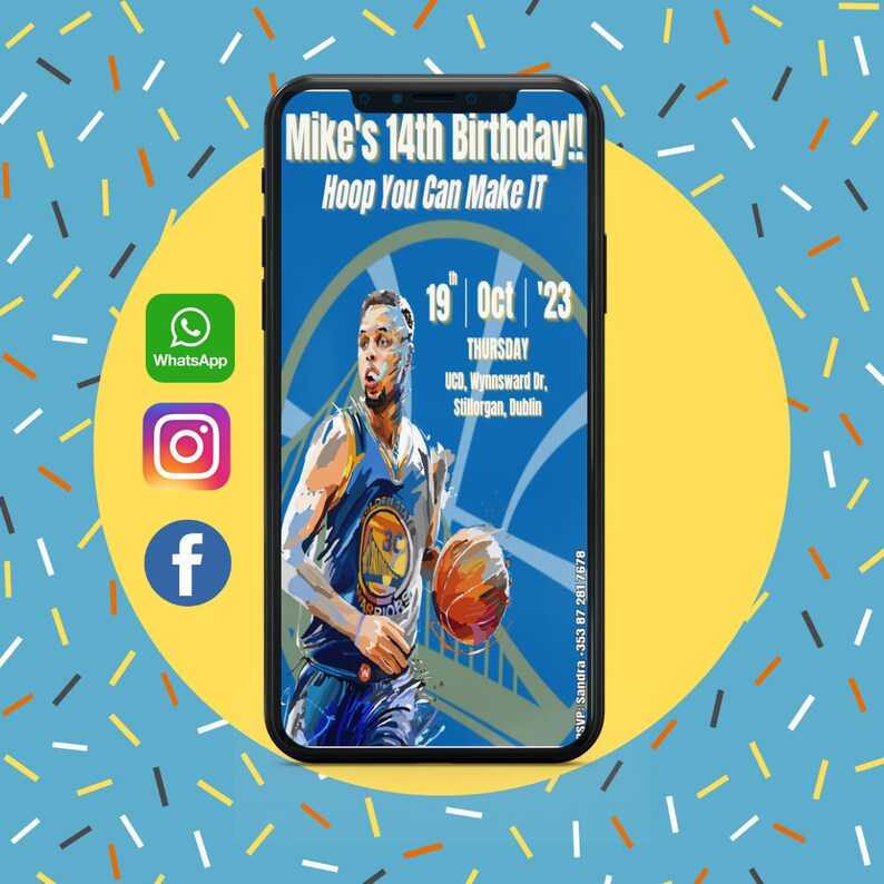 Stephen Curry NBA Birthday Invitation Golden State Warriors Theme