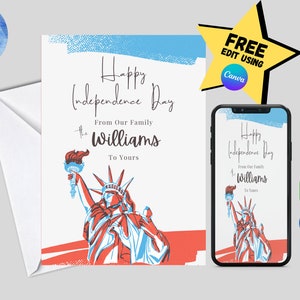 Tarjeta de deseos del Día de la Independencia de EE. UU. / 4 de julio / Estatua de la Libertad / Colores americanos azul y rojo / Edición gratuita / 2 por precio de 1 / Compartir móvil