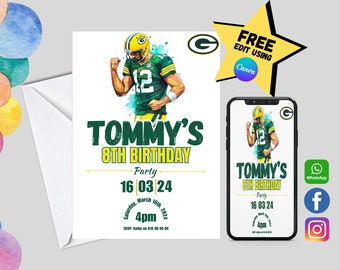 Aaron Rodgers Green Bay Packers | Editable Birthday Invitation | Superbowl | NFL | FREE EDIT | Football Theme