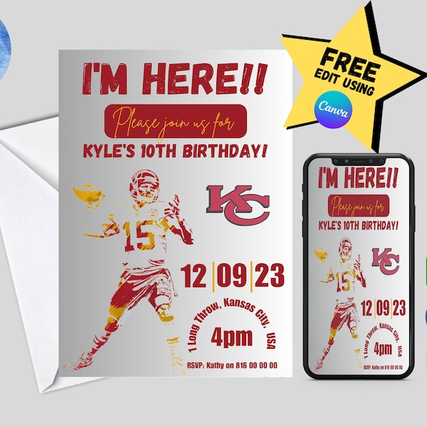 Patrick Mahomes Kansas City Chiefs | Editable Birthday Invitation | Superbowl | NFL | FREE EDIT | Football Theme