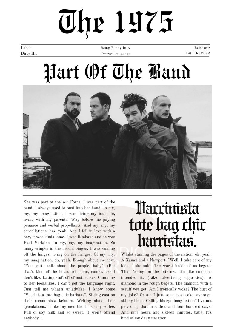 The 1975 Part of the Band Newspaper Article Print Digital Download Poster Retro Wall Art Matty Healy Being Funny In A Foreign Language image 5