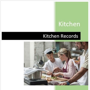 Puede incluir: Imagen de una escena de cocina con el texto "Kitchen Records". La imagen muestra a tres personas en una cocina preparando comida. El texto también enumera el contenido: registro de temperatura de alimentos cocinados, registro de almacenamiento de alimentos, registro de descarte de alimentos y programa de limpieza.