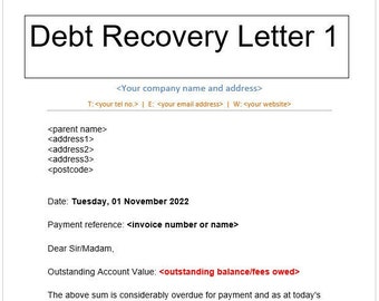 Kit de herramientas de gestión de deudas para empresas, incluye 4 cartas de recuperación de deudas, diagrama de flujo y registro