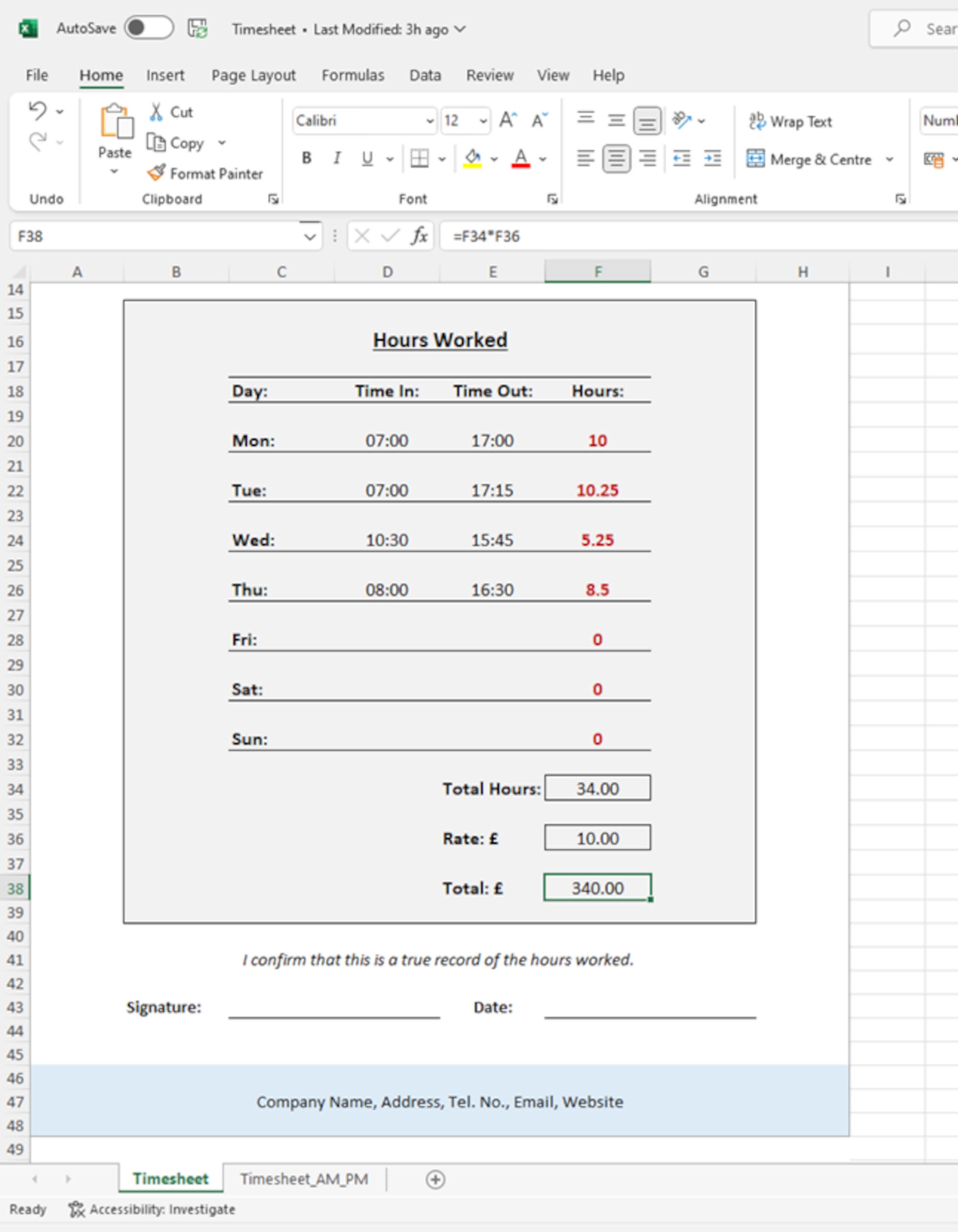Timesheet for Microsoft Excel; Automated, Distributable and