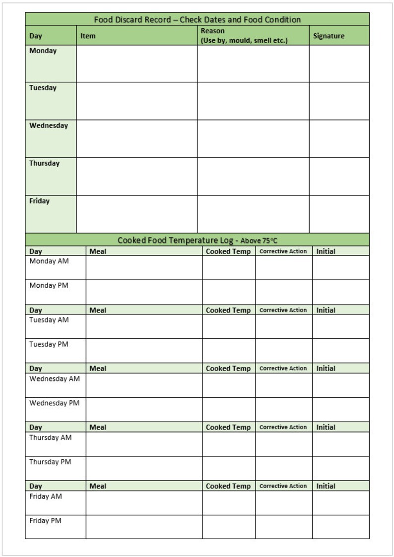 Commercial Kitchen Log for Food Hygiene Compliance for Any - Etsy