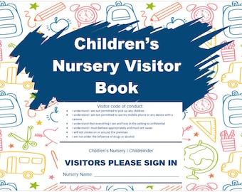 Visitantes que inician y cierran libro para guardería infantil o cuidador de niños Microsoft Word, Open Office o Libre Office editable