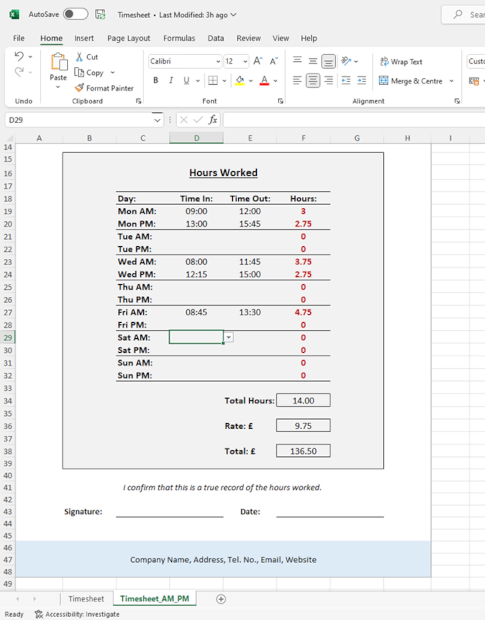 Timesheet for Microsoft Excel; Automated, Distributable and