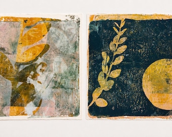 Abstraktes Monoprint Kunstwerk: Geschichtete Texturen, Organische Formen, Kreismotive, Botanisches