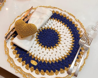 Crochet Placemat, table placemat, Gifts, Blue, White,gold, detailed, placemats, handmade, placemat set, spring decor, 4th of july