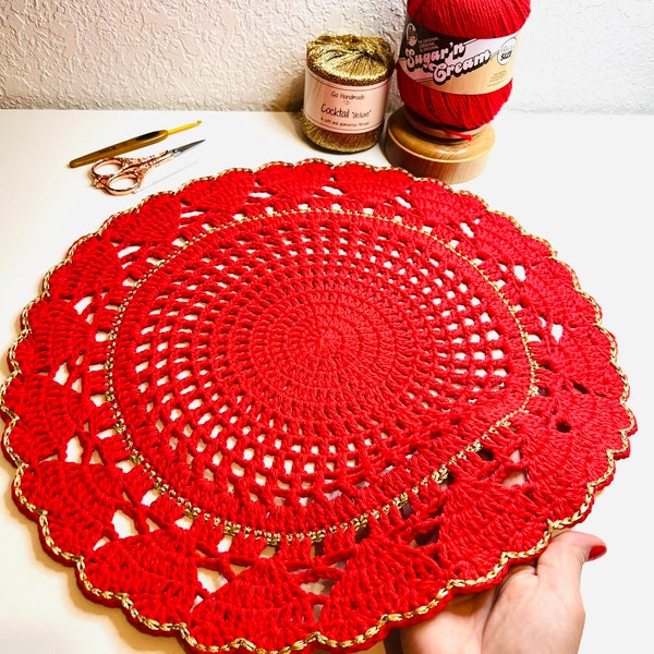 Pattern, Crochet Placemat pattern, Heart, valentine's day,christmas, red, green,gold, detailed, placemats, handmade, valentine's day gift