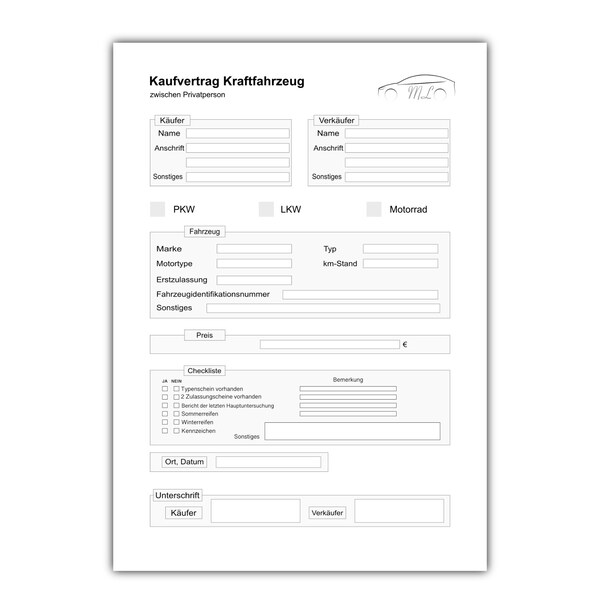 KAUFVERTRAG Auto Privat Deutsch zum download drucken Formular Pdf