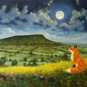 May include: An oil painting depicting a red fox sitting in a field of yellow wildflowers and green grass. In the background, a large green hill rises under a dark, cloudy night sky illuminated by a bright, full moon. The scene is rendered in paint.