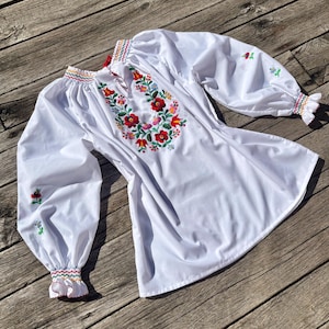 Può includere: Camicetta bianca ricamata con maniche lunghe e a sbuffo. La camicetta presenta un colorato motivo floreale intorno allo scollo e sulle maniche. I polsini e lo scollo sono rifiniti con un bordo colorato e fantasia. La camicetta è su una superficie di legno.