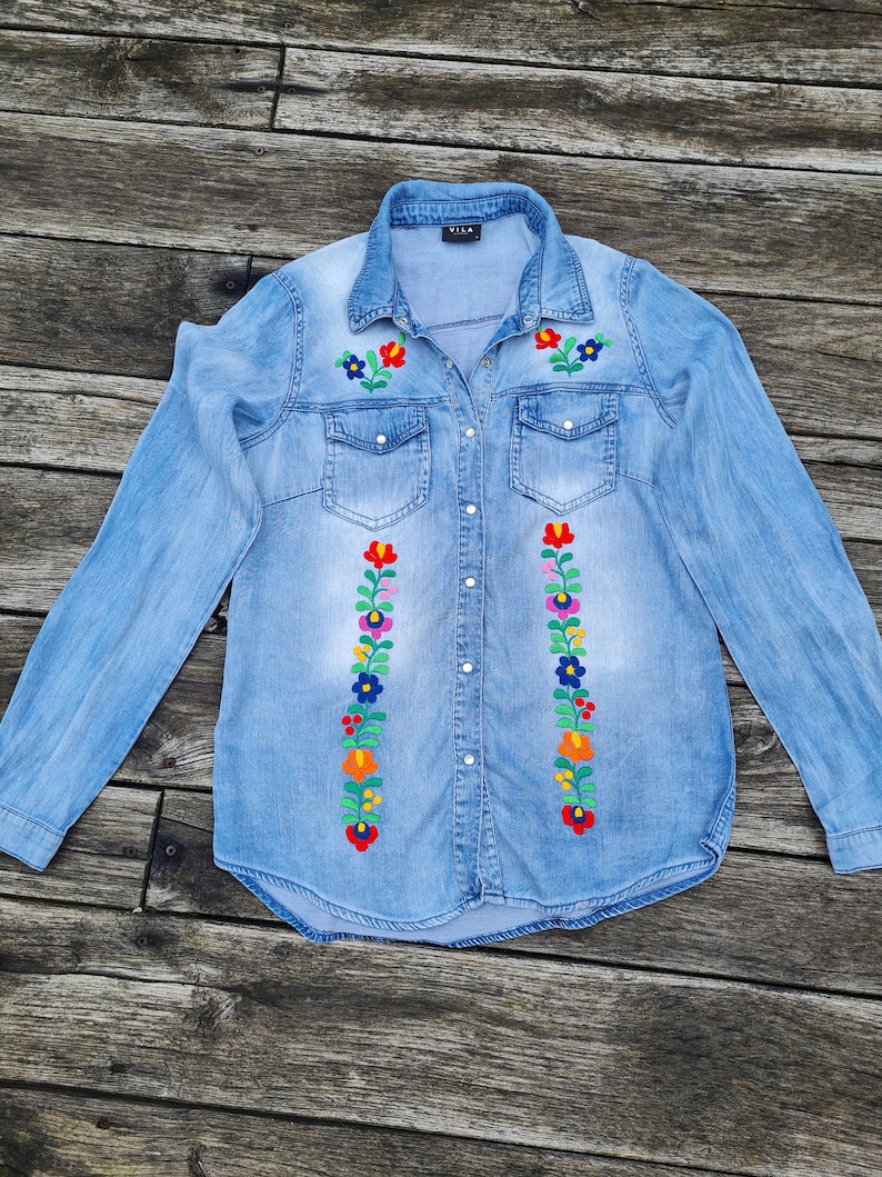 Women Embroidery Denim Shirt Reimagined Etsy