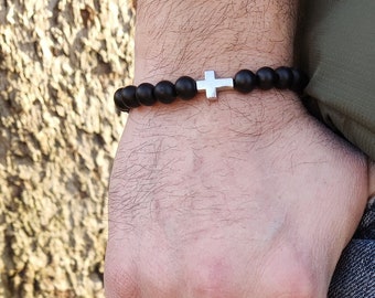 Mens Matte Black Onyx Cross Bracelet, Religious Jewelry