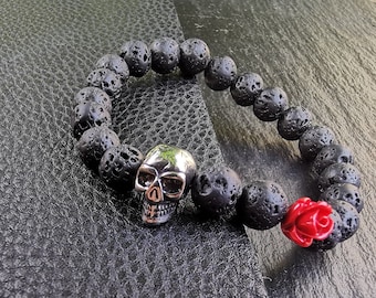 Skull and Rose bracelet for men, for women, lava Stone Jewellery for men, women, Halloween bracelet, unique charm bracelet, perfect gift