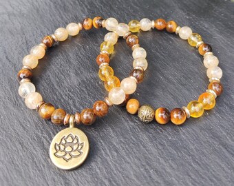 Citrin Tigerauge Armband, Lotus Charm, Reichtum und Glück