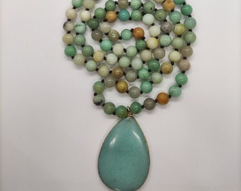 Long Knotted Bead Necklace with Water Drop Stone Pendant