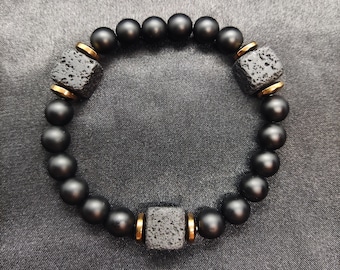 Cube Lava and Matte Black Onyx Bracelet, Gemstone Healing Bracelet