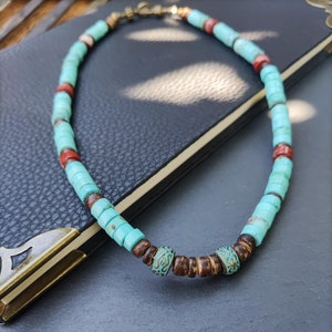 Mens Turquoise, Red Jasper, and Coconut Beads Surfer Necklace, Summer Beach Waterproof Necklace, Everyday Gemstone Beaded Necklace