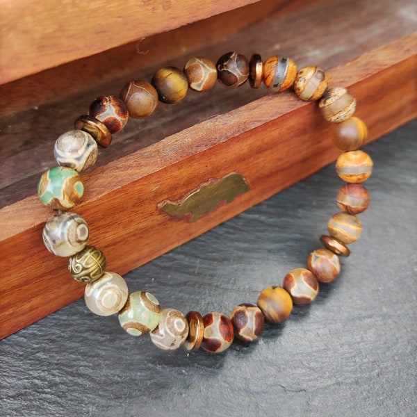 Mix Tibetan Agate and Matte Tiger Eye Hematite Bracelet, Healing Bracelet for Men and Women, Tibetan Jewellery, Third Chakra Bracelet