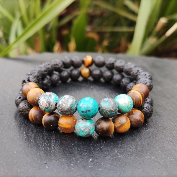 Customized American Turquoise, Matte Tiger Eye, Lava Stone Bracelet, Boho Style, Set bracelet