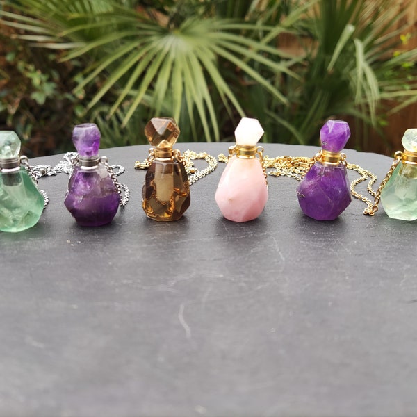 Flacon de parfum en pierre naturelle, pendentif de bouteille d'huile essentielle, améthyste, quartz rose, fluorite, collier médaillon en quartz fumé, cristal naturel