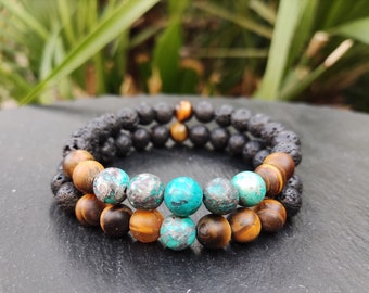 Customized American Turquoise, Matte Tiger Eye, Lava Stone Bracelet, Boho Style, Set bracelet