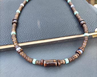 Mens Boho Beaded Necklace: Turquoise, Agate, Wood & Coconut