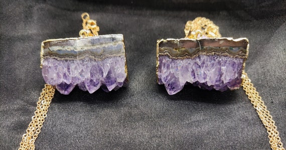 Amethyst Slice Pendant Necklace, Gold Plated Copper Chain
