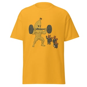 Weightlifting Banana with Business Squirrels – Weird Fitness Humor Tee – Quirky Workout Shirt – Funny Gym T-Shirt