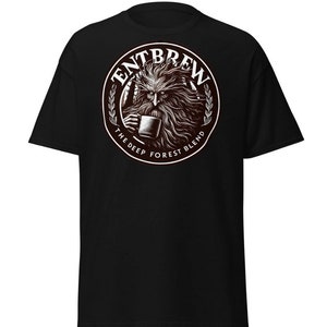 May include: Black t-shirt with a white graphic of a bearded man drinking from a mug. The graphic is surrounded by a circle with the text "Entbrew The Deep Forest Blend".