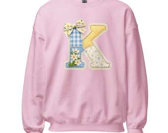 Sweatshirt met bloemenpatchwork initiaal | Quiltletter monogram ronde hals
