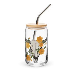 Western Style Bull Skull Glass Tumbler With Stainless Steel Straw and Bamboo Lid | Cowgirl Glass Tumbler | Coffee Cup | Gift For Her |