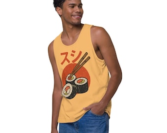 Grafische retro tanktop sushi: vintage Japanse stijl