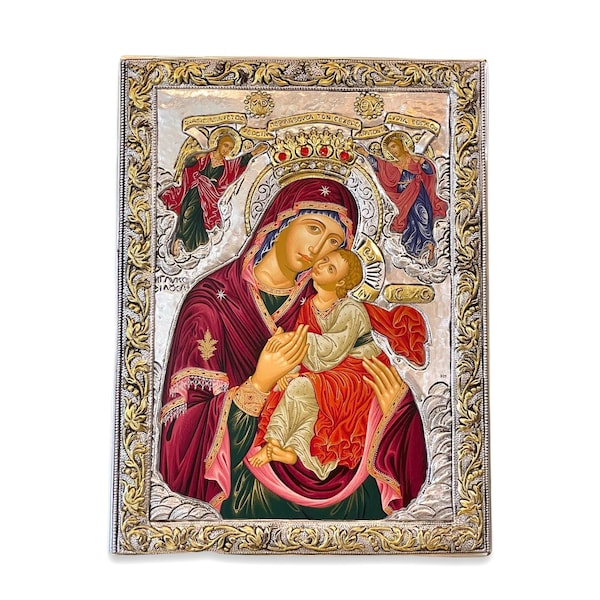 Theotokos Icon Hand Made Silver Icon Religious Gift Mount Athos Gift Icon With Silver Byzantine Art, Orthodox Icon / Greek / Handmade