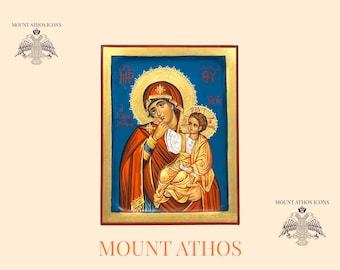 Icône peinte à la main Theotokos Paramythia Cadeau religieux Mont Athos cadeau Icône avec or Art byzantin 22 carats, icône orthodoxe / grec / fait main