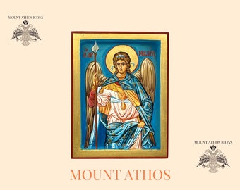Icône peinte à la main de l'archange Michel, cadeau religieux, Mont Athos, icône en or Art byzantin 22 carats, icône orthodoxe / grec / fait main