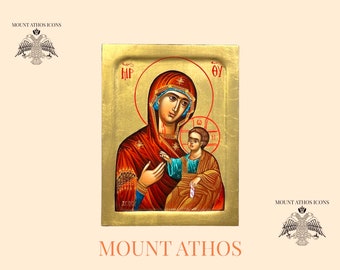 Theotokos Portaitissa Icône peinte à la main Cadeau religieux Mont Athos cadeau Icône avec or Art byzantin 22 carats, icône orthodoxe / Grec / Fait main