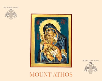 Theotokos Glykophilousa Icône peinte à la main Cadeau religieux Mont Athos cadeau Icône avec or 22 carats Art byzantin, icône orthodoxe / Grec / Fait main