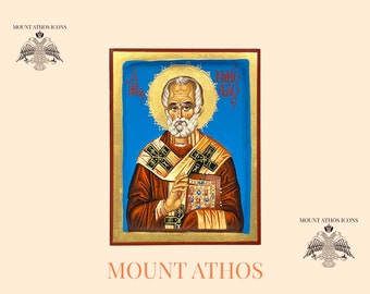 Icône peinte à la main Saint-Nicolas, cadeau religieux, cadeau du Mont Athos, icône en or 22 carats, art byzantin, icône orthodoxe, grec, fait main